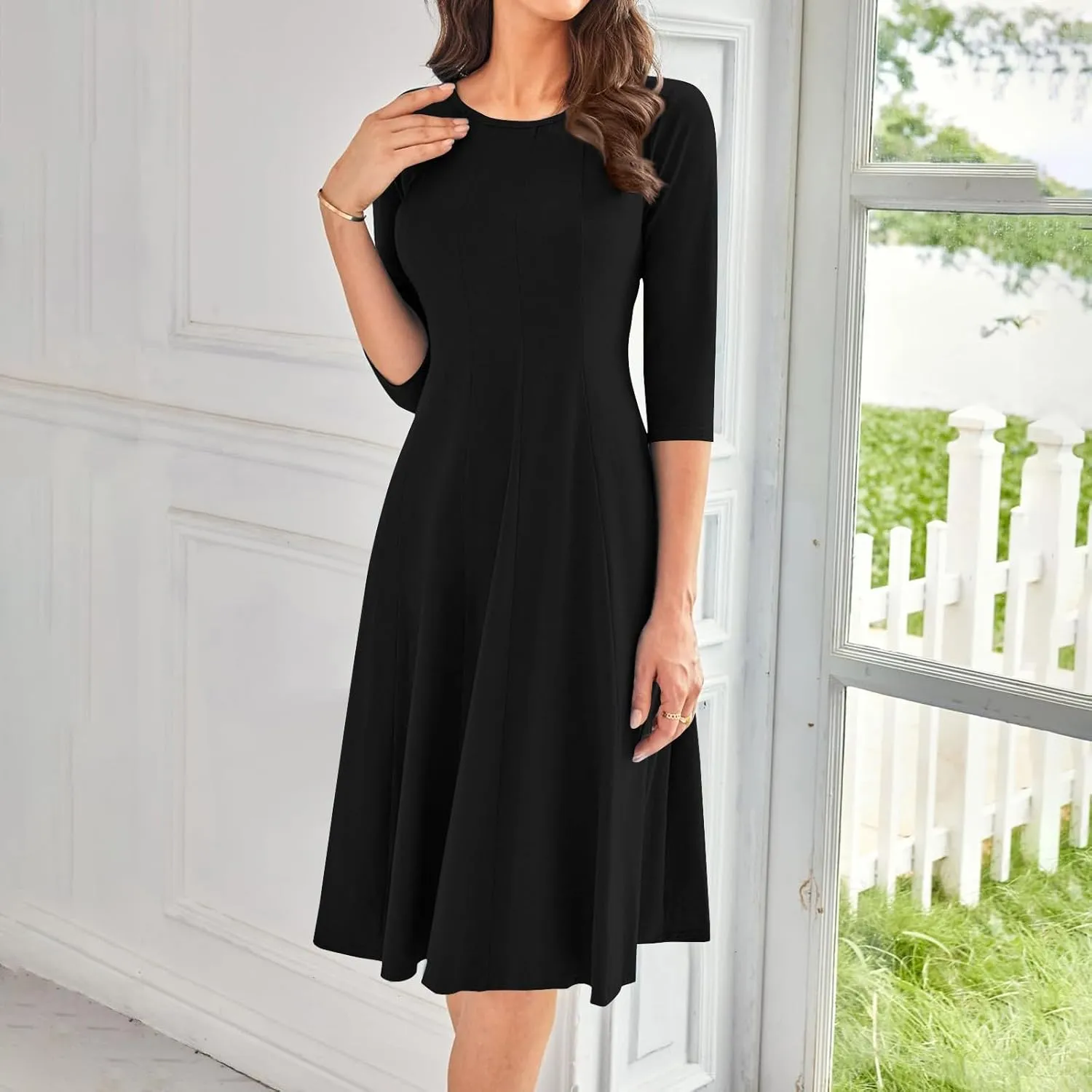 3/4 Sleeve Midi Dresses for Women 2024 Fashion Solid Color Pleated Dress Casual Plus Size Crewneck Dress with Pockets