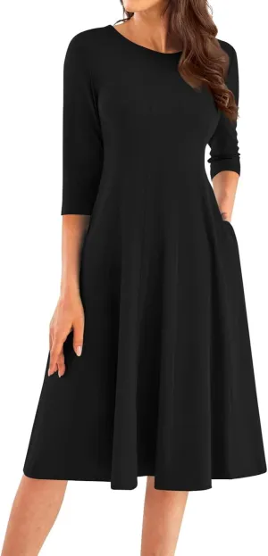 3/4 Sleeve Midi Dresses for Women 2024 Fashion Solid Color Pleated Dress Casual Plus Size Crewneck Dress with Pockets
