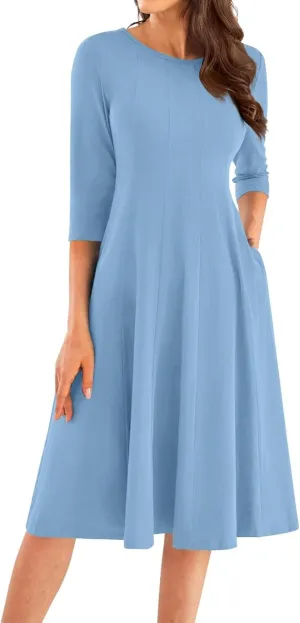 3/4 Sleeve Midi Dresses for Women 2024 Fashion Solid Color Pleated Dress Casual Plus Size Crewneck Dress with Pockets