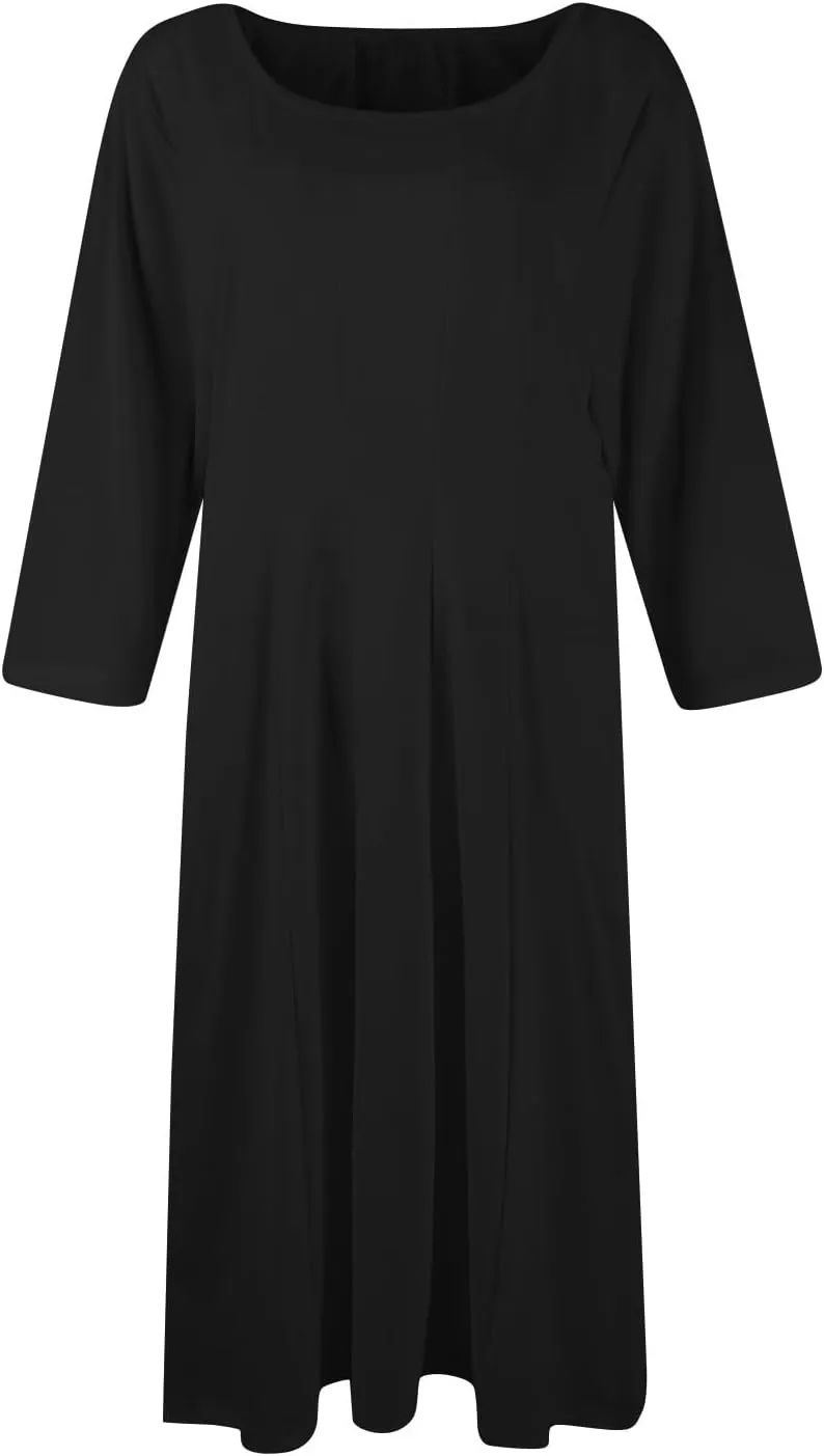 3/4 Sleeve Midi Dresses for Women 2024 Fashion Solid Color Pleated Dress Casual Plus Size Crewneck Dress with Pockets