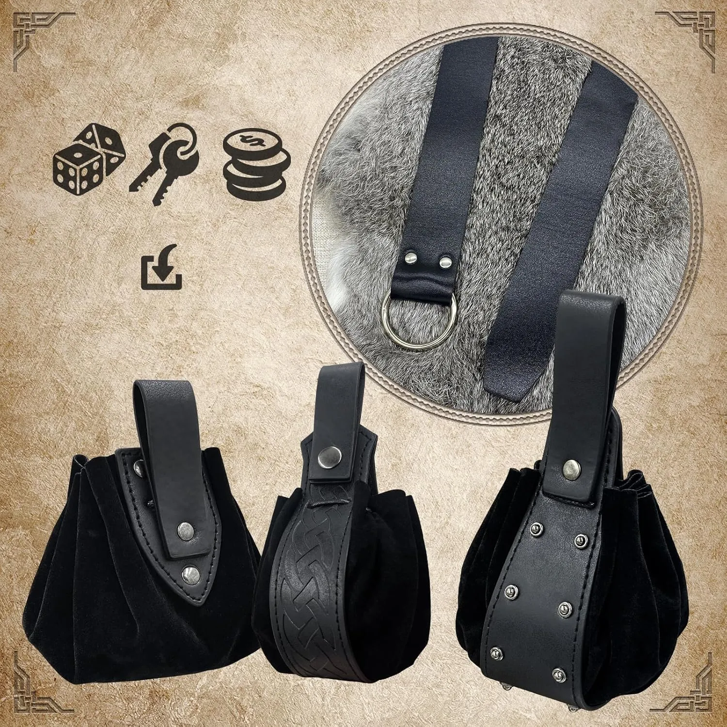4 PCsMedieval O Ring Belt and Drawstring Pouch Set, Retro Faux Leather Belt Bag Dice Bag Portable Coin Purse For LARP (Black A)