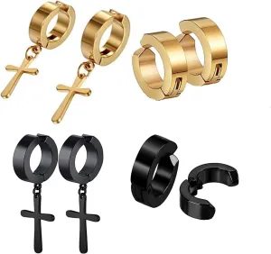 4Pairs Stainless Steel No Piercing Cross Hoop Dangle Earrings for Men Women,Hypoallergenic,Gold