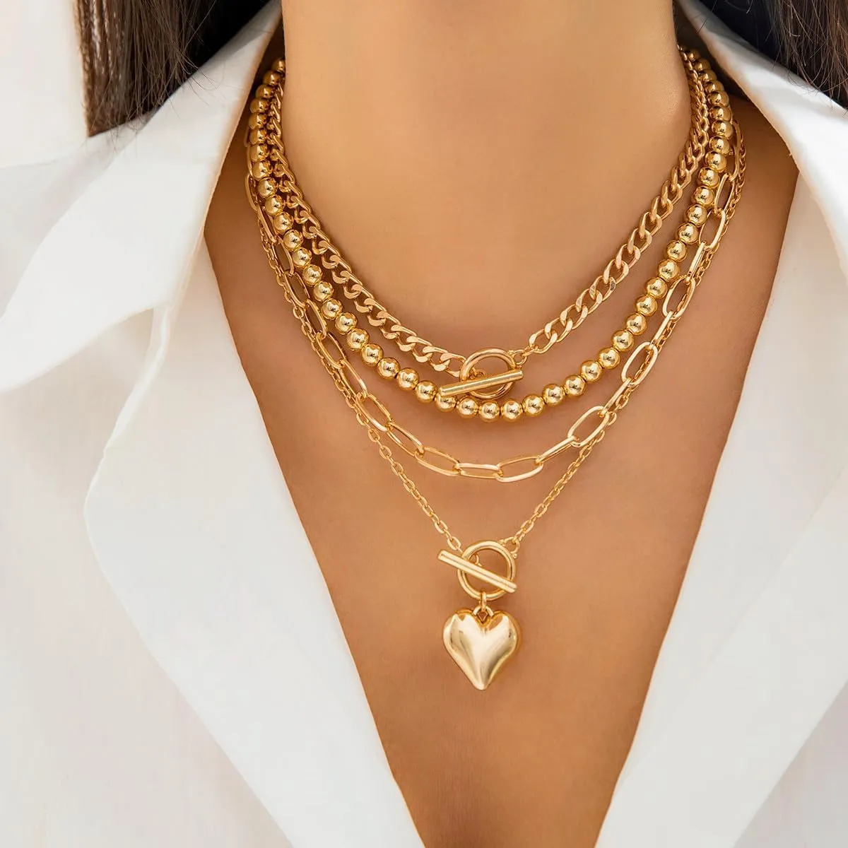 4pcs Layered Gold Necklaces for Women Chunky Gold Herringbone Paperclip Chain Necklace Vintage Heart Coin Medallion Pendant Necklace Dainty Cuban Chain Toggle Clasp Jewelry Gifts