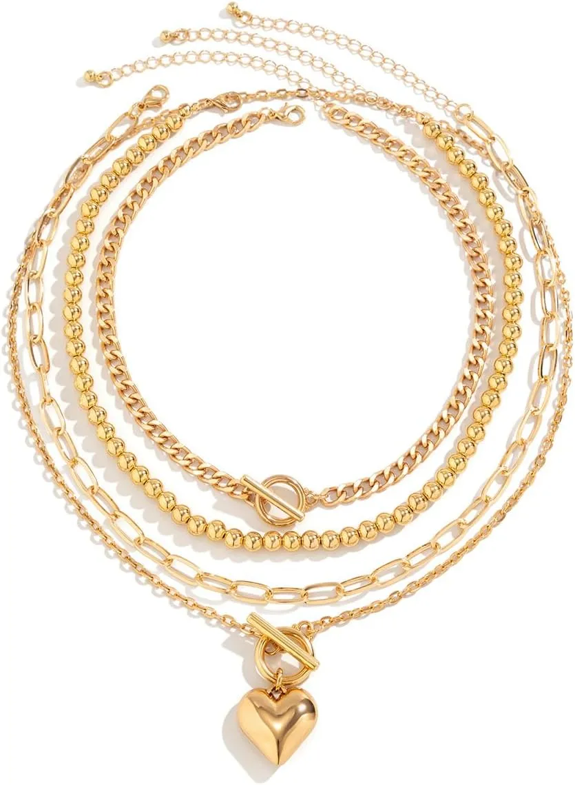 4pcs Layered Gold Necklaces for Women Chunky Gold Herringbone Paperclip Chain Necklace Vintage Heart Coin Medallion Pendant Necklace Dainty Cuban Chain Toggle Clasp Jewelry Gifts