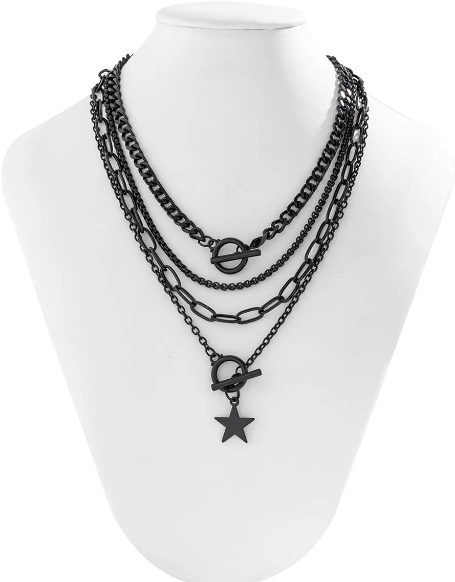 4pcs Layered Gold Necklaces Stack for Women Layered Chunky Gold Necklaces Herringbone Paperclip Chain Necklace Retro Coin Peach Heart Star Pendant Dainty Cuban Chain Toggle Clasp Jewelry Gifts for Women