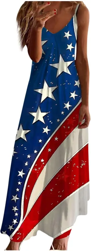 4th of July Dress for Women USA Flag Graphic Sundresses Stars Stripes Printed Independence Day Sleeveless Maxi Dress