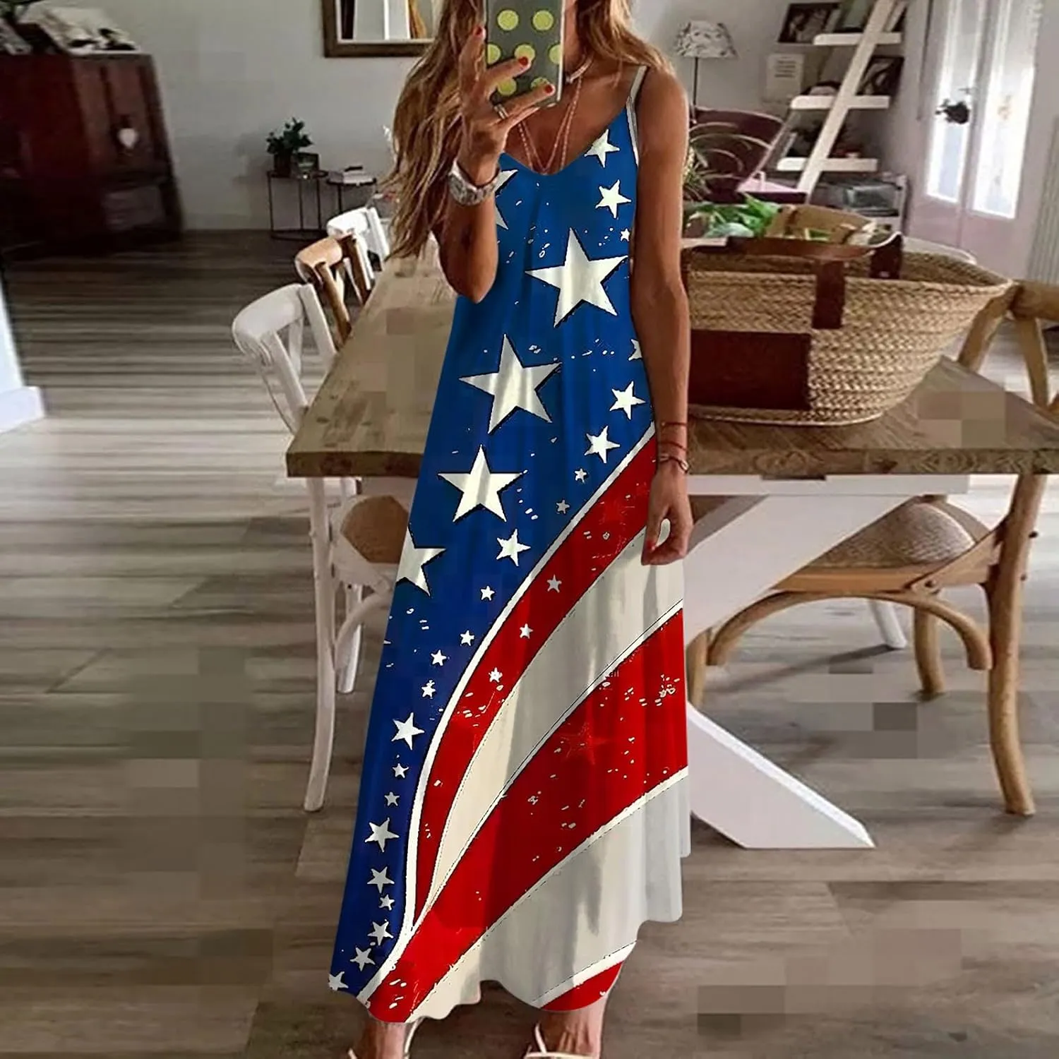 4th of July Dress for Women USA Flag Graphic Sundresses Stars Stripes Printed Independence Day Sleeveless Maxi Dress