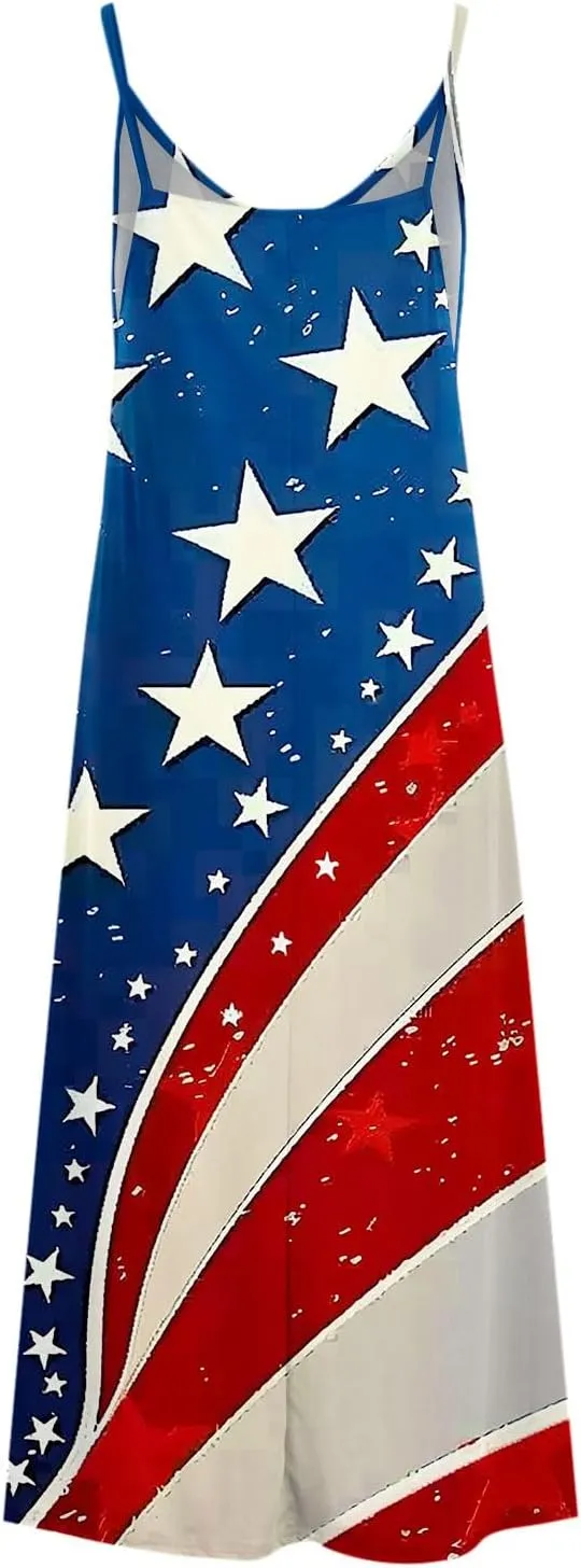 4th of July Dress for Women USA Flag Graphic Sundresses Stars Stripes Printed Independence Day Sleeveless Maxi Dress
