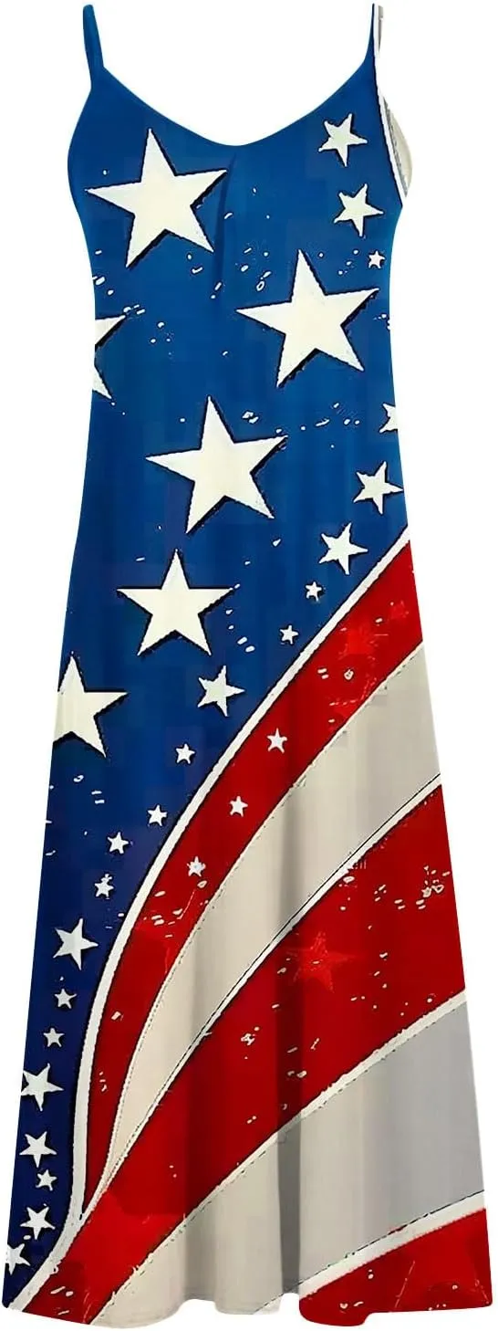 4th of July Dress for Women USA Flag Graphic Sundresses Stars Stripes Printed Independence Day Sleeveless Maxi Dress