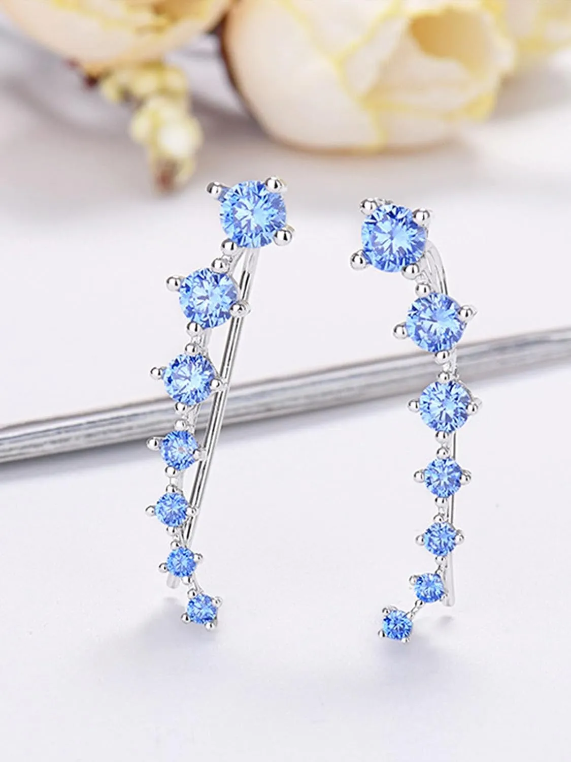 7 Crystals Ear Cuffs Climber Earrings for Women Silver Plated Cartilage Crawler Earring Cubic Zirconia Hypoallergenic Piercing Post Pin Stud Jewelry Gifts