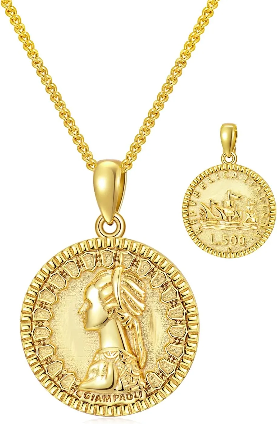 925 Sterling Silver 500 Lira Italian Coin Necklace 18K Gold Plated Pendant Birthday Present for Her Wife Grandmother