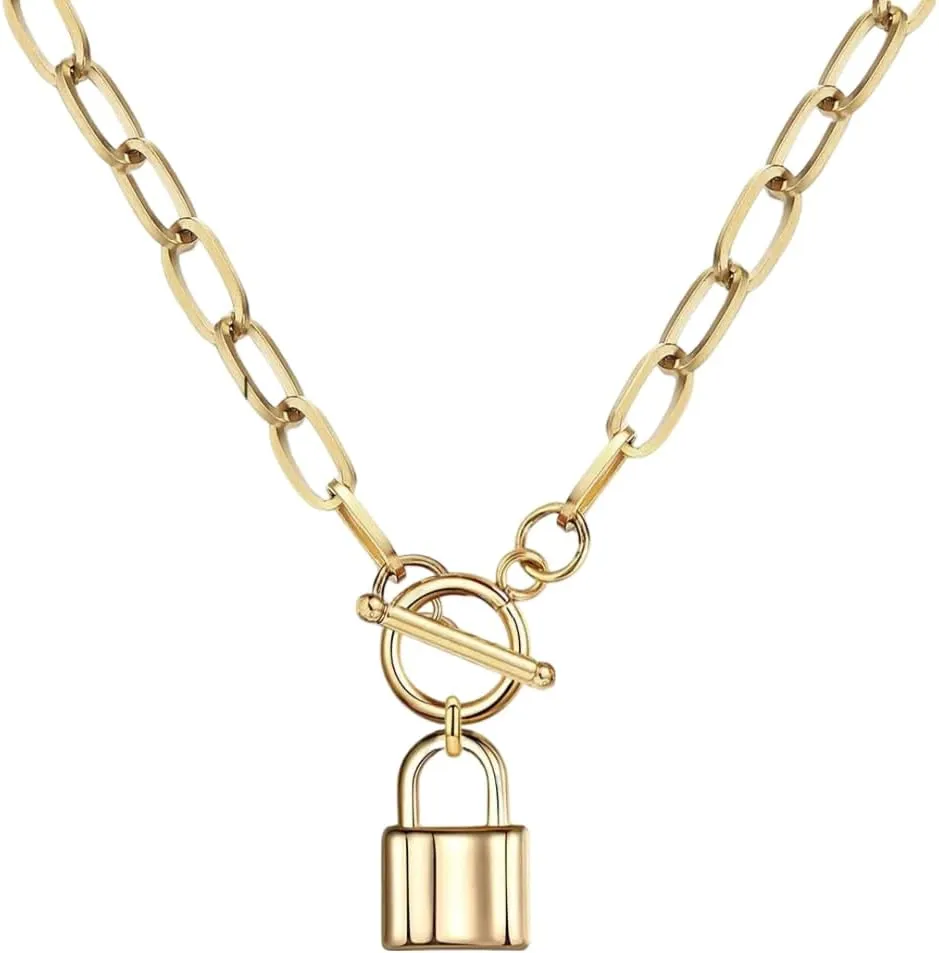 925 Sterling Silver Coin Toggle Necklace For Women, 14K Filled Gold Toggle Paperclip Chain Padlock Pendant Necklace - Lock And Key, Heart, Coin Chain Pendant Necklace
