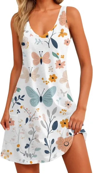 ADHOWBEW Flowy Dresses for Women Womens Beach V Neck Cute Tropical Print Sexy Hawaiian Sleeveless Tank Dresses