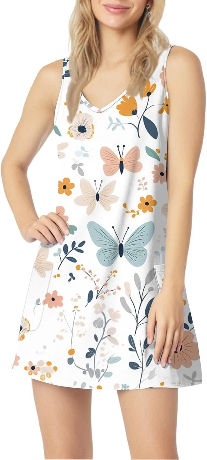 ADHOWBEW Flowy Dresses for Women Womens Beach V Neck Cute Tropical Print Sexy Hawaiian Sleeveless Tank Dresses