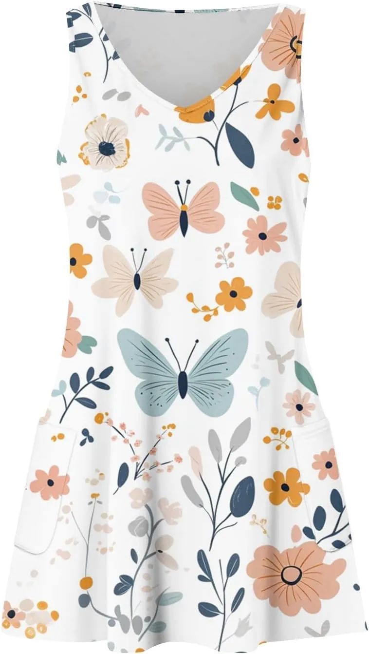ADHOWBEW Flowy Dresses for Women Womens Beach V Neck Cute Tropical Print Sexy Hawaiian Sleeveless Tank Dresses