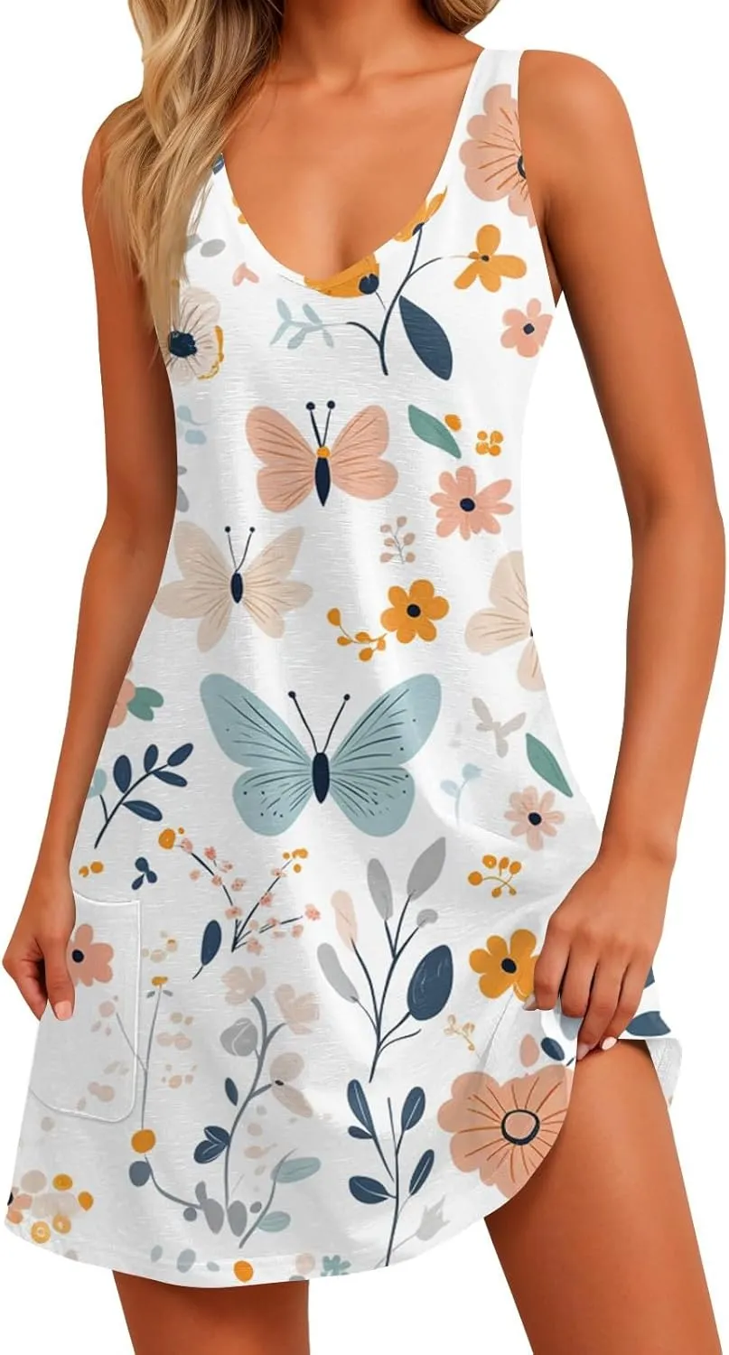 ADHOWBEW Flowy Dresses for Women Womens Beach V Neck Cute Tropical Print Sexy Hawaiian Sleeveless Tank Dresses