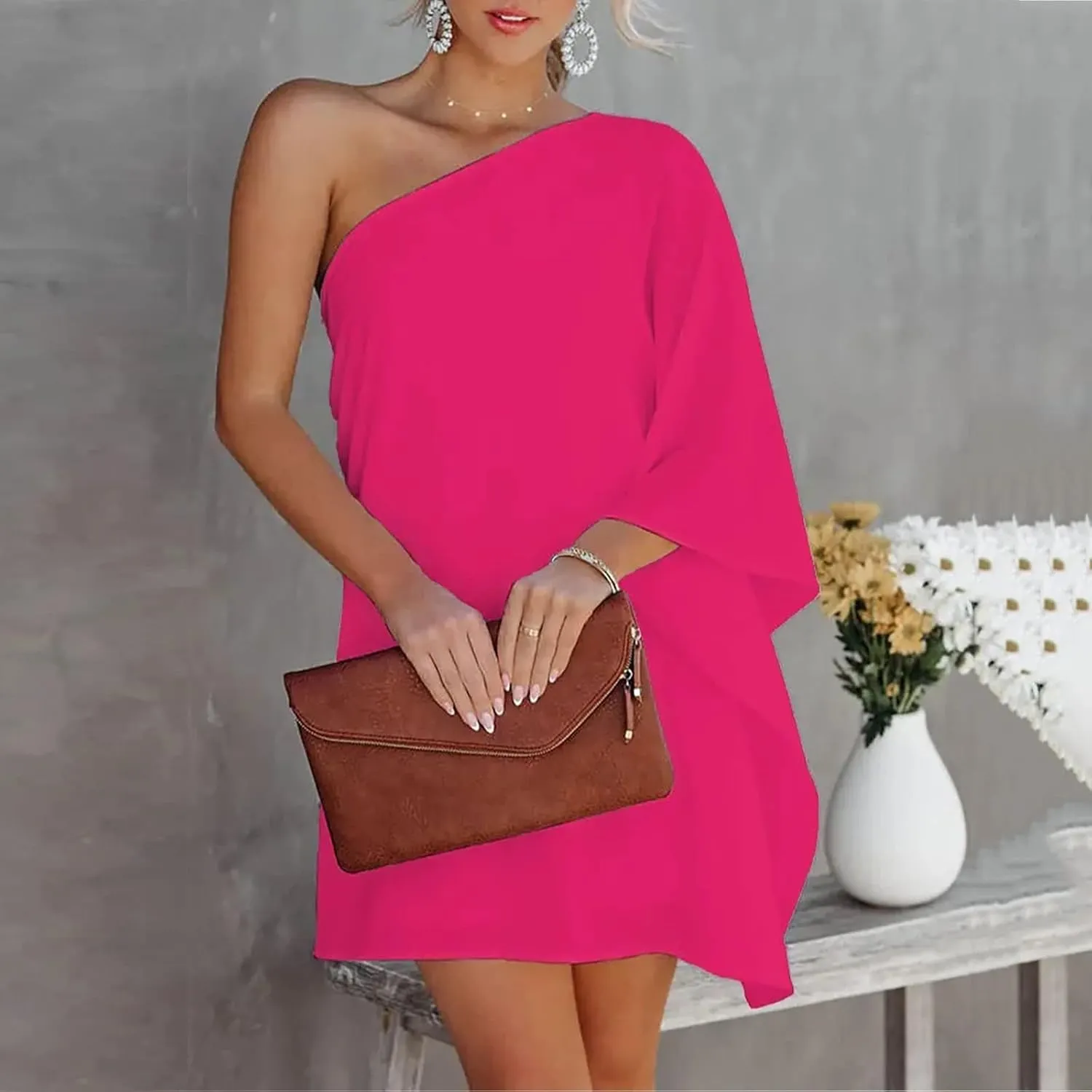 ADHOWBEW Summer Dress for Women,Fashion One Shoulder Batwing Sleeve Mini Dress Loose Fit Casual Flowy Floral Print Cute Dress