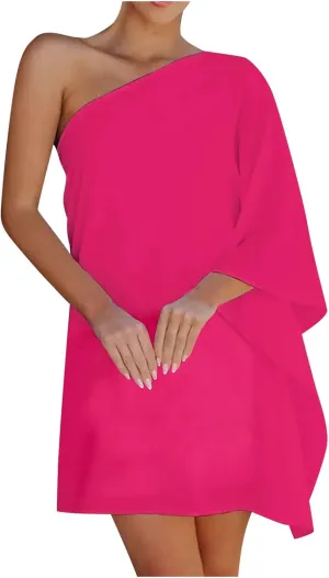 ADHOWBEW Summer Dress for Women,Fashion One Shoulder Batwing Sleeve Mini Dress Loose Fit Casual Flowy Floral Print Cute Dress