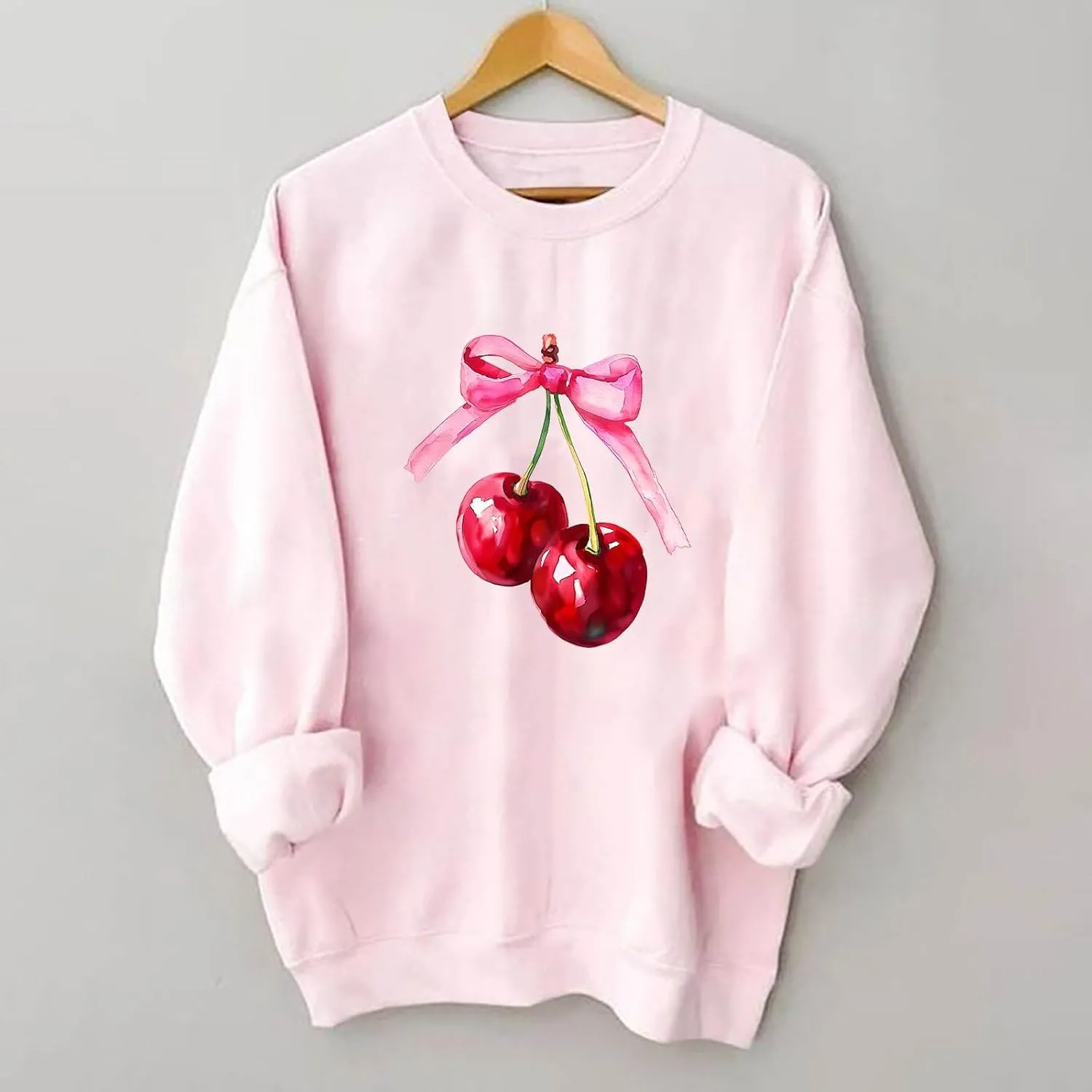 Akklian Cute Sweatshirt for Women Cherry Bow Print Long Sleeve Kawaii Pullover Oversized Loose Teen Girl Preppy Clothes Pink