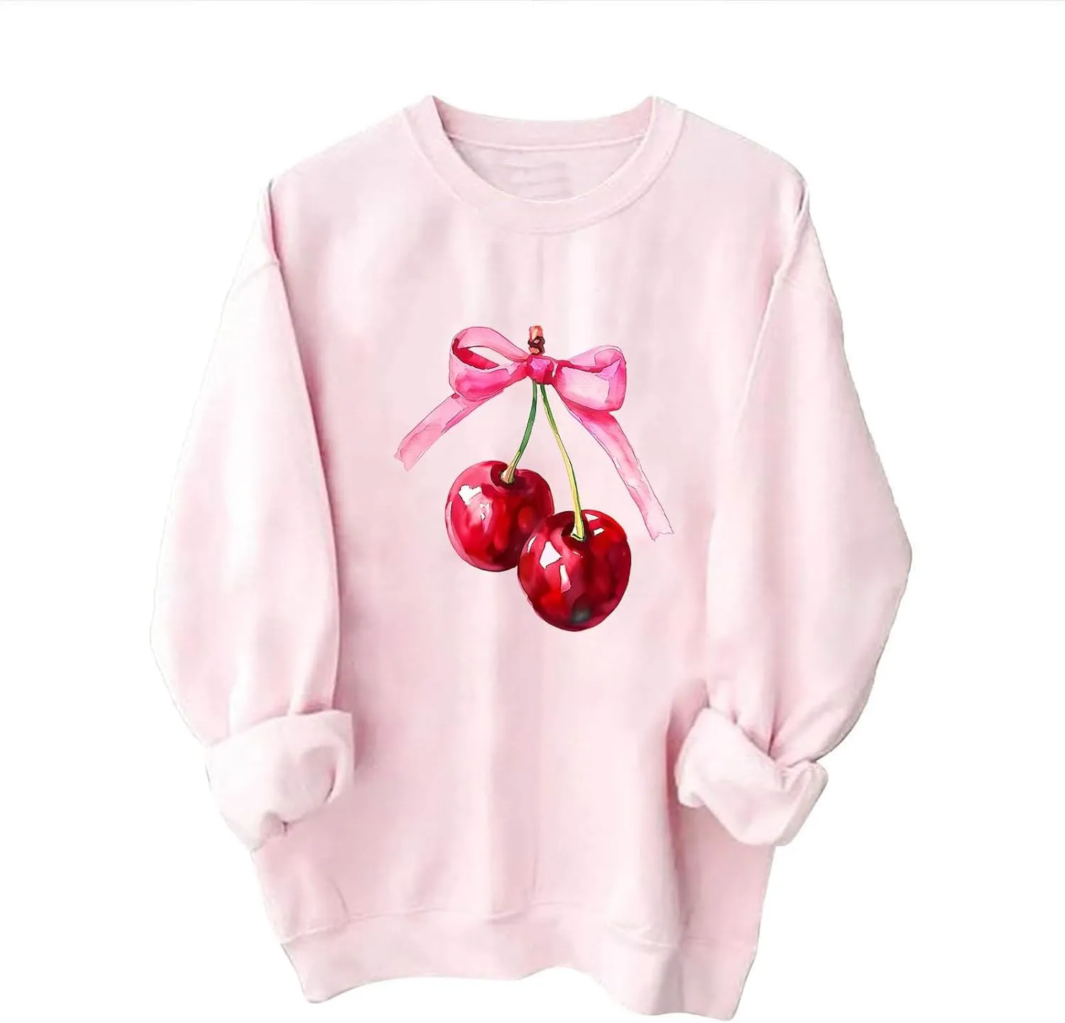 Akklian Cute Sweatshirt for Women Cherry Bow Print Long Sleeve Kawaii Pullover Oversized Loose Teen Girl Preppy Clothes Pink