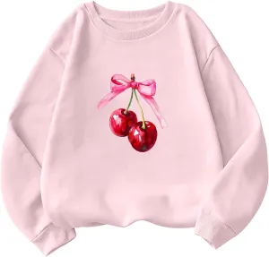 Akklian Cute Sweatshirt for Women Cherry Bow Print Long Sleeve Kawaii Pullover Oversized Loose Teen Girl Preppy Clothes Pink