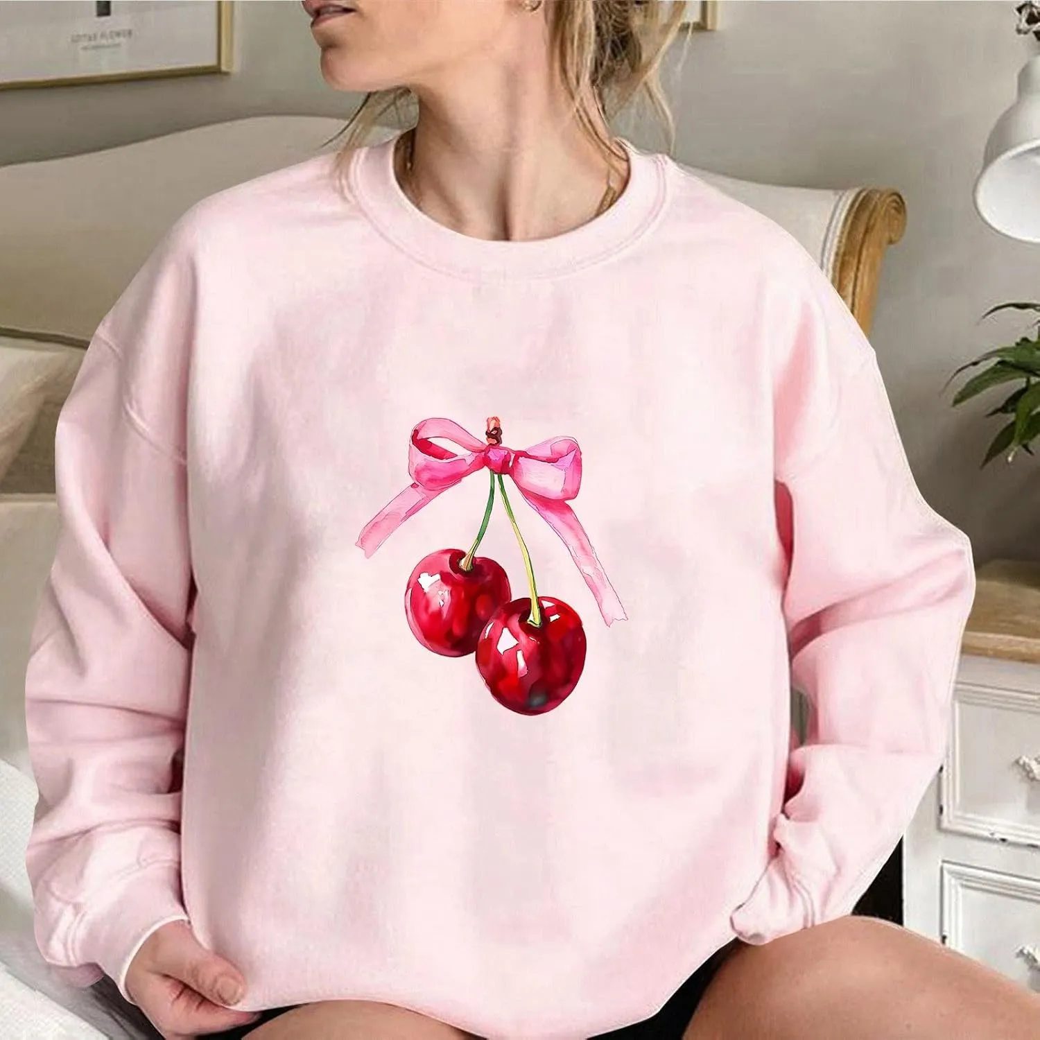 Akklian Cute Sweatshirt for Women Cherry Bow Print Long Sleeve Kawaii Pullover Oversized Loose Teen Girl Preppy Clothes Pink