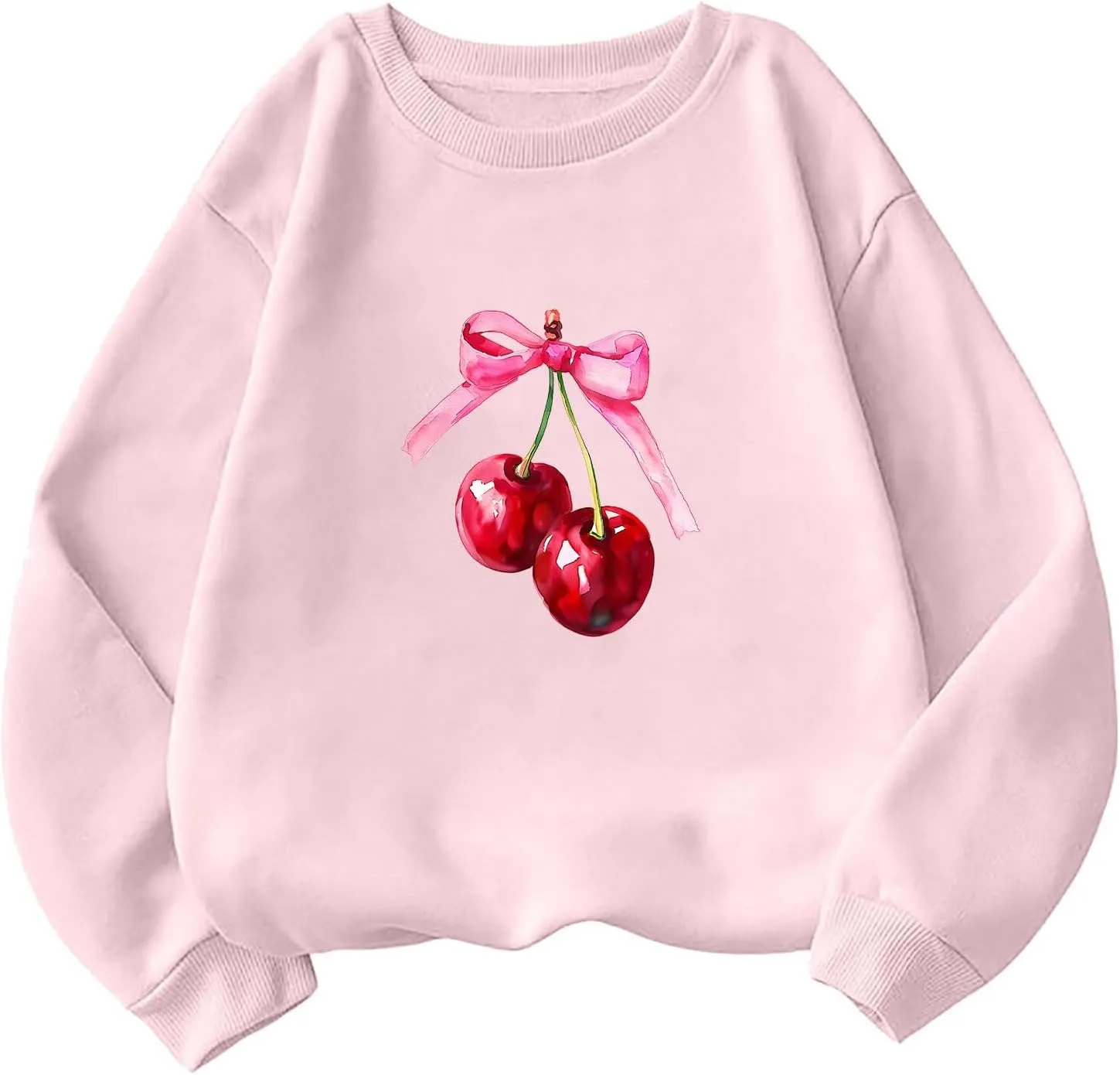 Akklian Cute Sweatshirt for Women Cherry Bow Print Long Sleeve Kawaii Pullover Oversized Loose Teen Girl Preppy Clothes Pink
