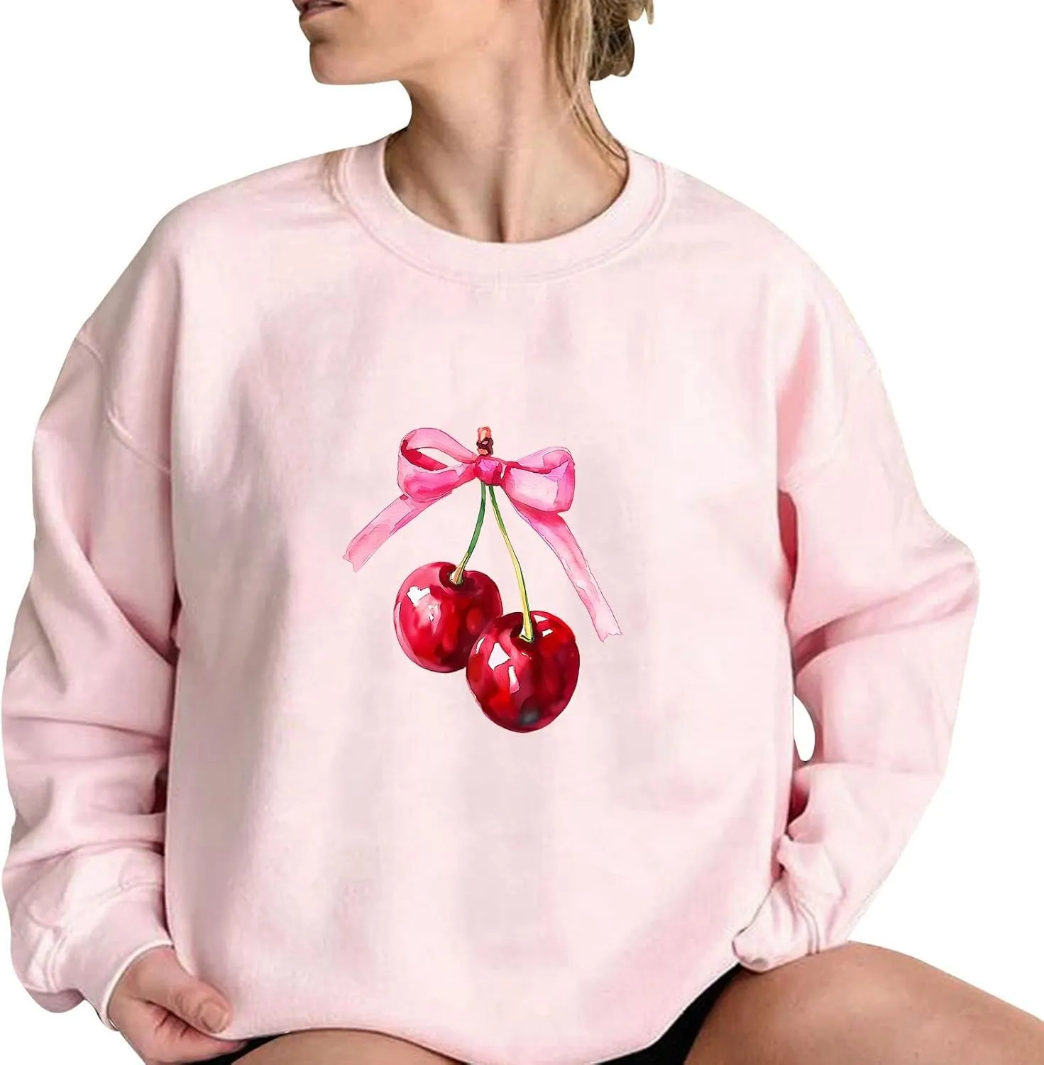 Akklian Cute Sweatshirt for Women Cherry Bow Print Long Sleeve Kawaii Pullover Oversized Loose Teen Girl Preppy Clothes Pink