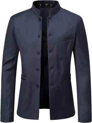 Akklian Men's Chinese Tunic Suits Mandarin Collar Formal Jacket Slim-Fit Front Button Blazer Traditional Uniform Dress Shirt