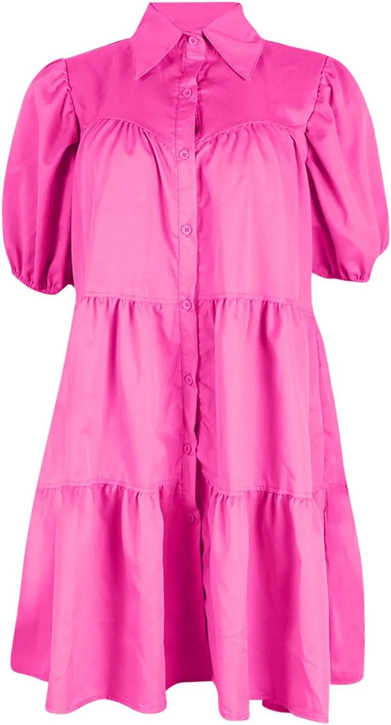 Akklian Womens Cute Babydoll Dresses Casual Loose Puff Sleeve Ruffle Button Down Pleated Shirt Dress Trendy Summer Mini Dress