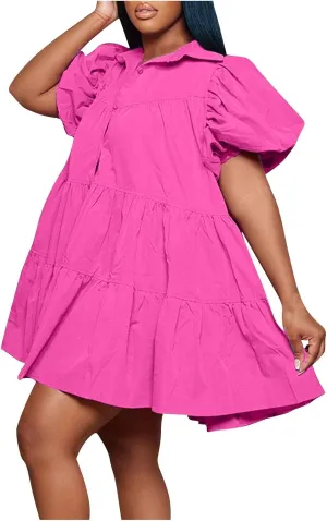 Akklian Womens Cute Babydoll Dresses Casual Loose Puff Sleeve Ruffle Button Down Pleated Shirt Dress Trendy Summer Mini Dress