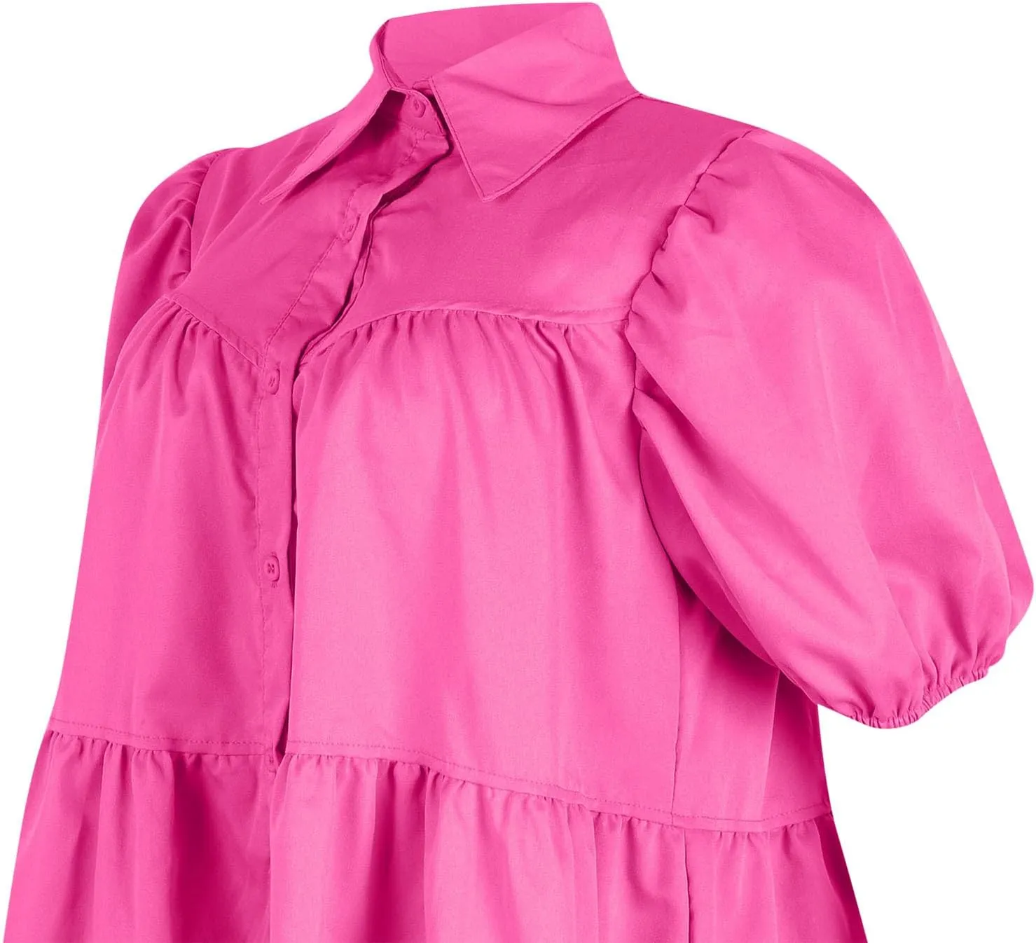 Akklian Womens Cute Babydoll Dresses Casual Loose Puff Sleeve Ruffle Button Down Pleated Shirt Dress Trendy Summer Mini Dress