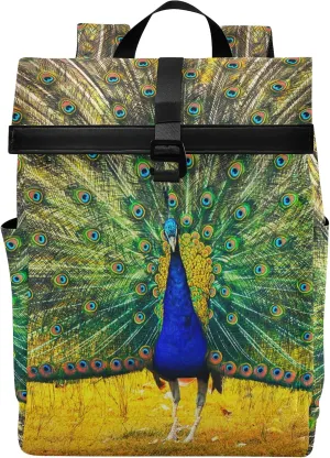 ALAZA Beautiful Blue Peacock Bird Backpack Roll-Top Daypack Laptop Work Travel College Bag for Men Women Fits 15.6 Inch Laptop