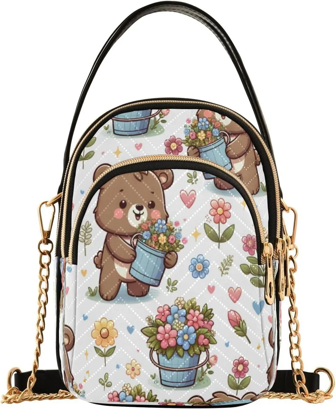 ALAZA Quilted Crossbody Bags for Women,Seamless Pattern Cartoon Bear and Flower Bucket Women's Crossbody Handbags Small Travel Purses Phone Bag