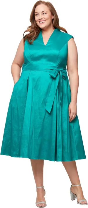 Alex Evenings Women's V-Neck Stretch Taffeta Wedding Guest Dress with Full Skirt, Pockets, and Tie Belt (Plus Size)