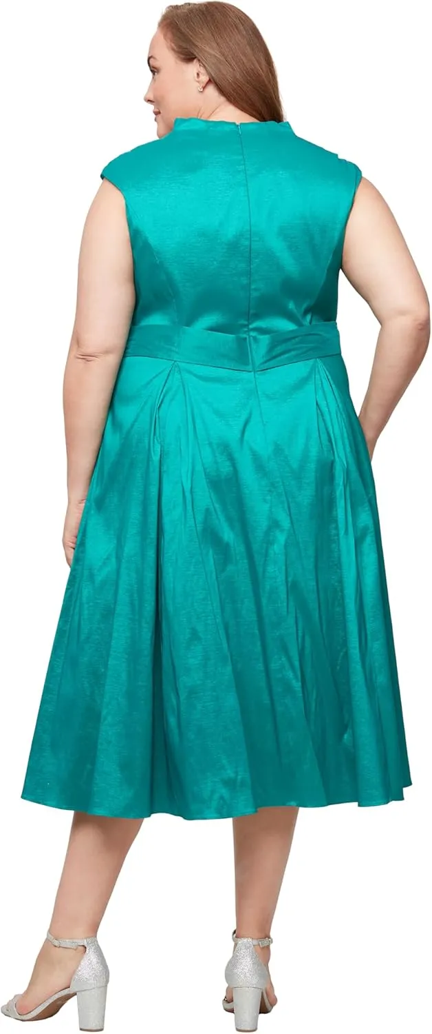 Alex Evenings Women's V-Neck Stretch Taffeta Wedding Guest Dress with Full Skirt, Pockets, and Tie Belt (Plus Size)