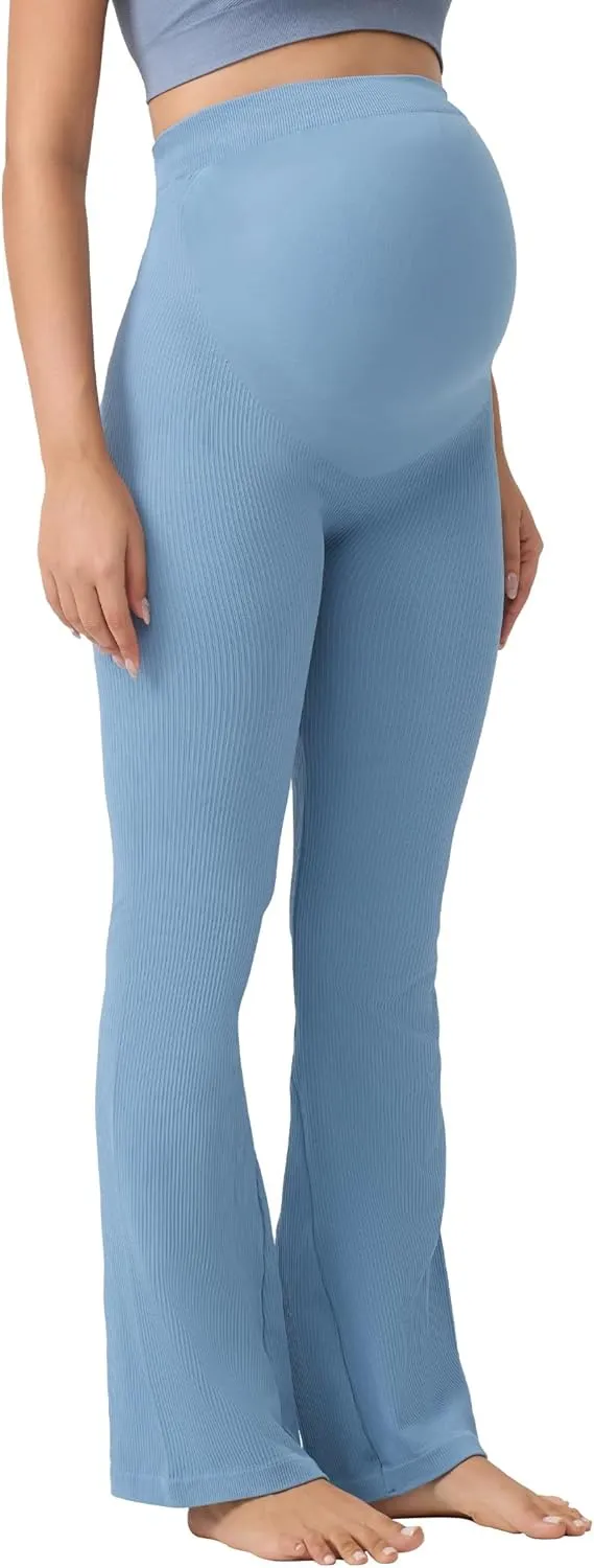 Angelhood Women's Maternity Flare Leggings Over The Belly Ribbed Pregnancy Yoga Leggings Workout Activewear Maternity Pants