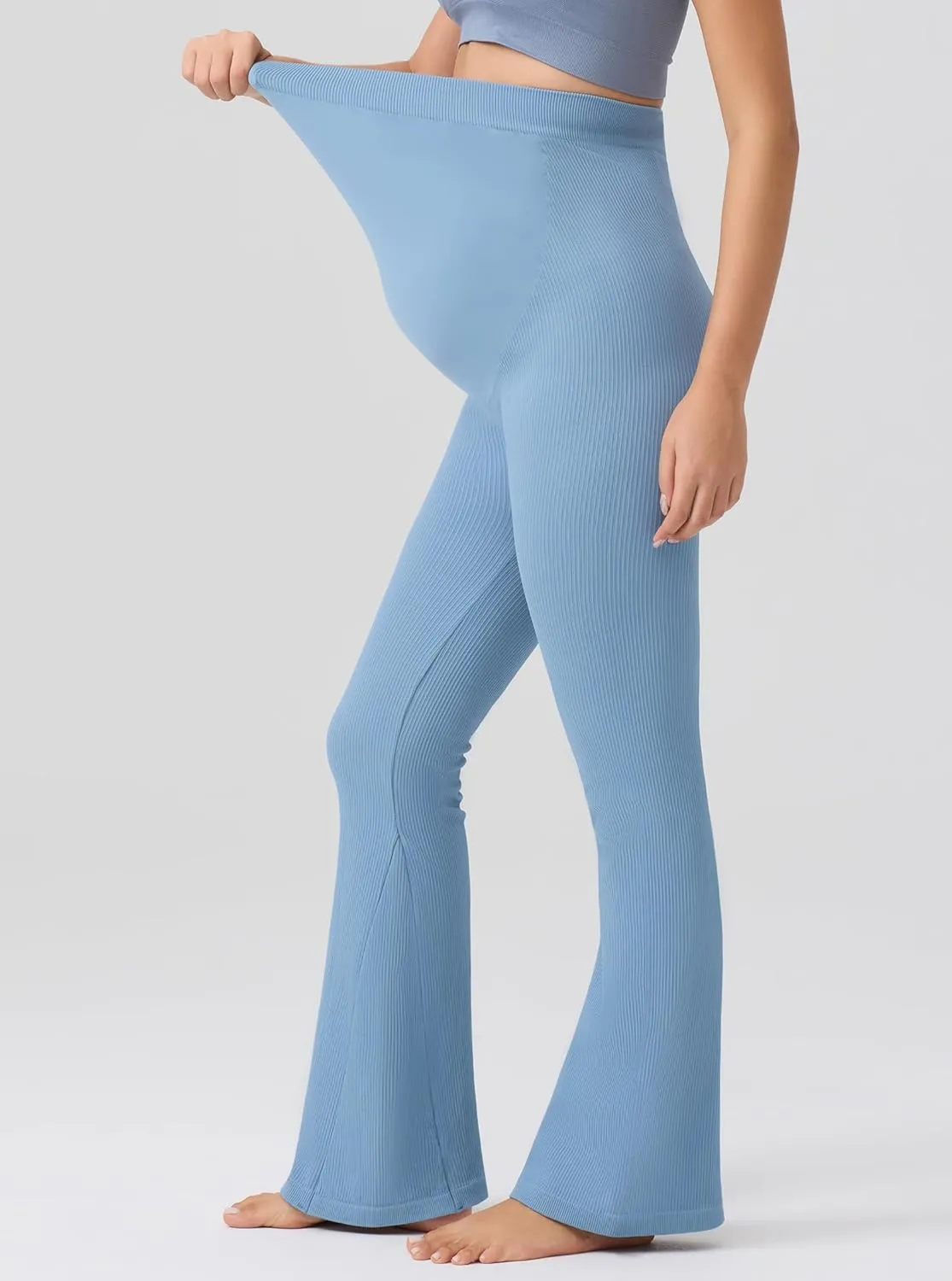 Angelhood Women's Maternity Flare Leggings Over The Belly Ribbed Pregnancy Yoga Leggings Workout Activewear Maternity Pants