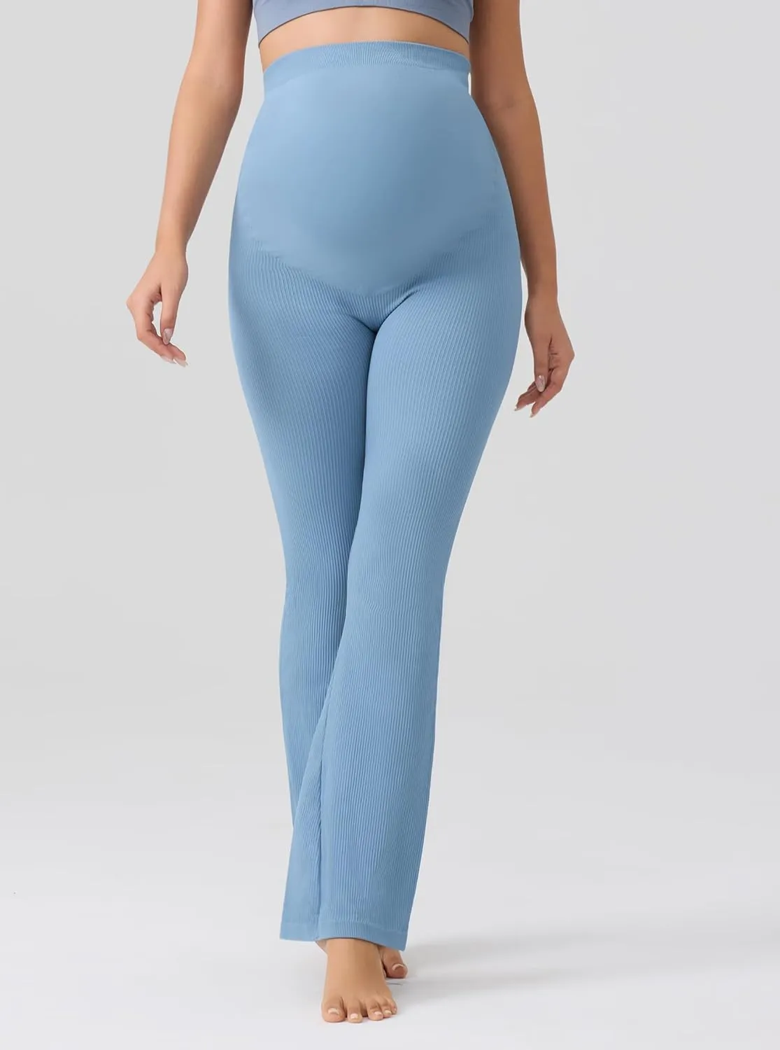 Angelhood Women's Maternity Flare Leggings Over The Belly Ribbed Pregnancy Yoga Leggings Workout Activewear Maternity Pants