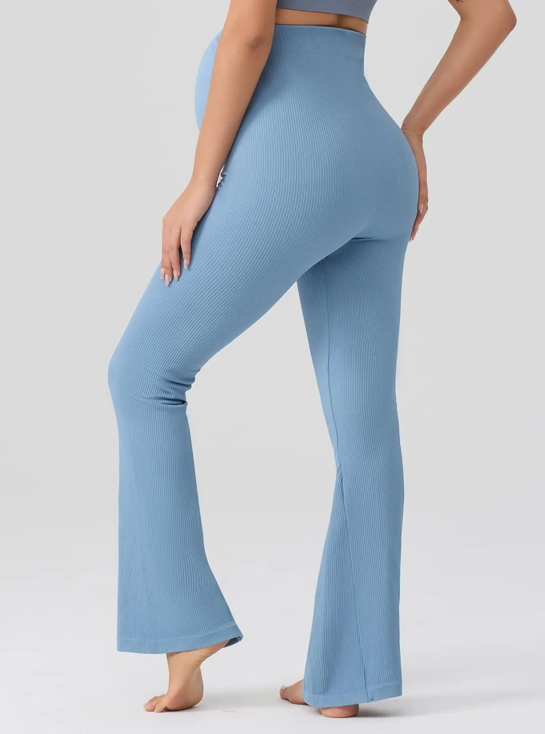Angelhood Women's Maternity Flare Leggings Over The Belly Ribbed Pregnancy Yoga Leggings Workout Activewear Maternity Pants