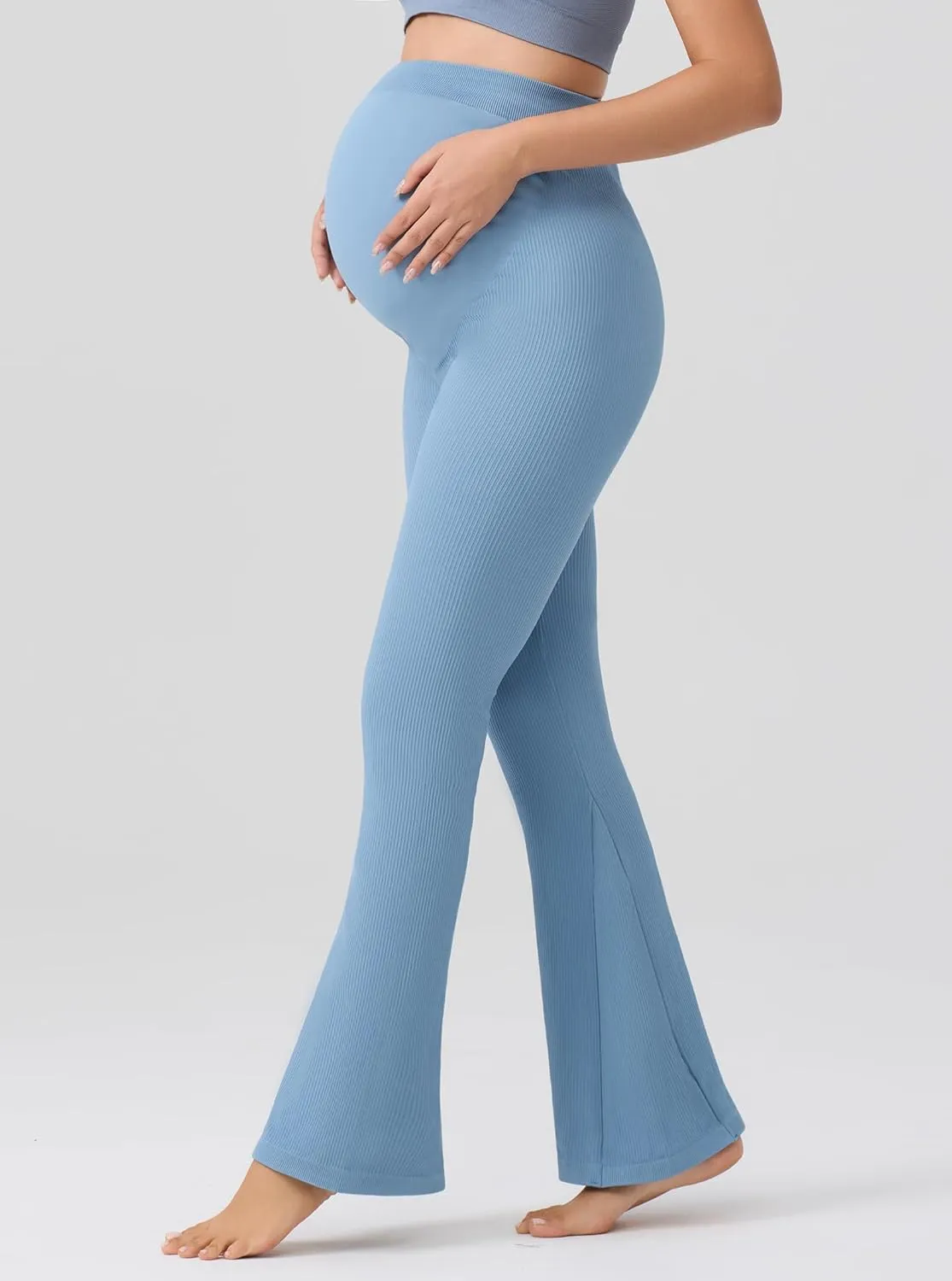 Angelhood Women's Maternity Flare Leggings Over The Belly Ribbed Pregnancy Yoga Leggings Workout Activewear Maternity Pants