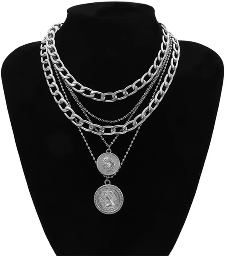 Atiptu Chunky Gold Coin Necklace Layered Cuban Link Chain Necklace for Women Pirate Necklaces 80s 90s Hip Hop Punk Necklace Gold Statement Jewelry Halloween Holiday Accessories