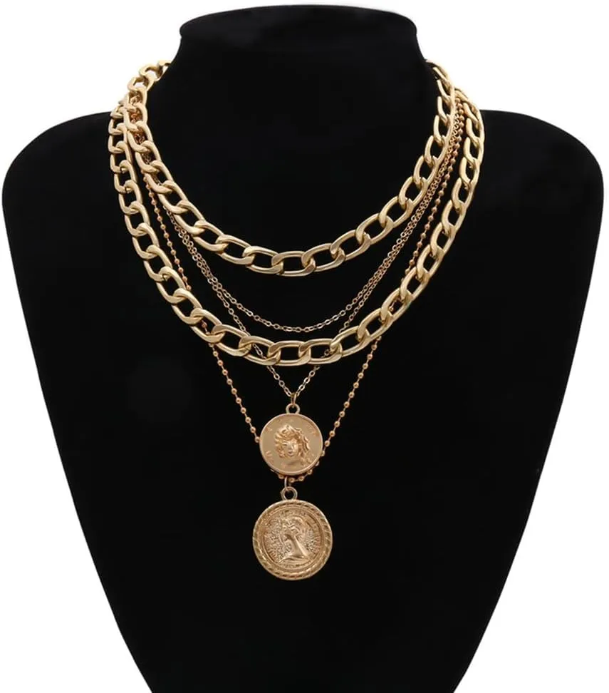 Atiptu Chunky Gold Coin Necklace Layered Cuban Link Chain Necklace for Women Pirate Necklaces 80s 90s Hip Hop Punk Necklace Gold Statement Jewelry Halloween Holiday Accessories