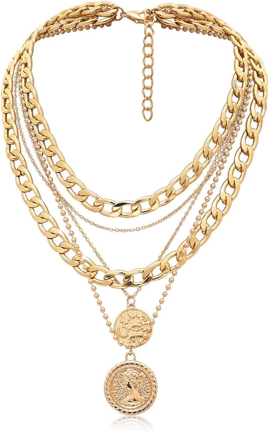 Atiptu Chunky Gold Coin Necklace Layered Cuban Link Chain Necklace for Women Pirate Necklaces 80s 90s Hip Hop Punk Necklace Gold Statement Jewelry Halloween Holiday Accessories