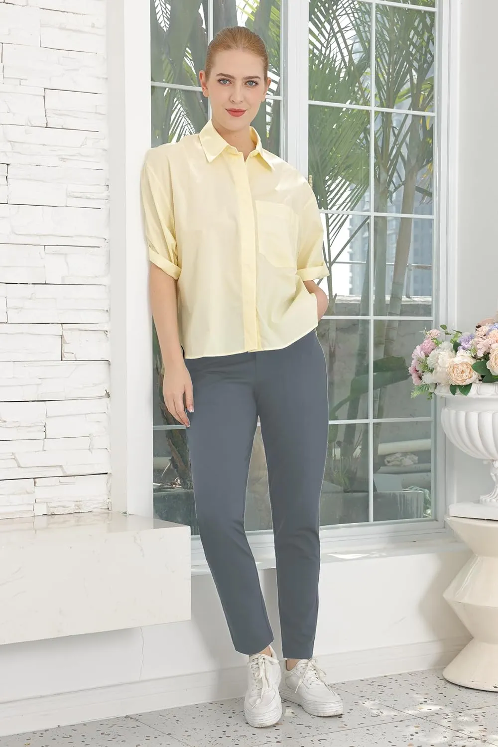 Bamans Womens Dress Pants Work Business Skinny Leg Pants Office High Waisted Slacks Slim Fit Casual Trousers
