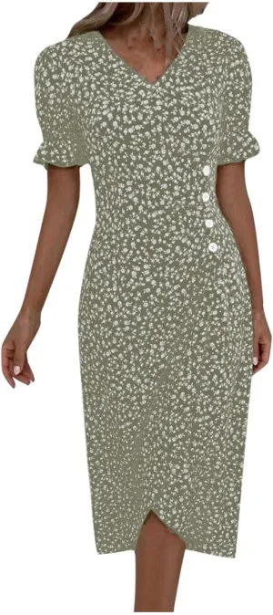 Beach Dresses for Women 2025 Vacation Spring Summer Boho Dress Short Sleeve V Neck Dresses Irregular Hem Midi Dress