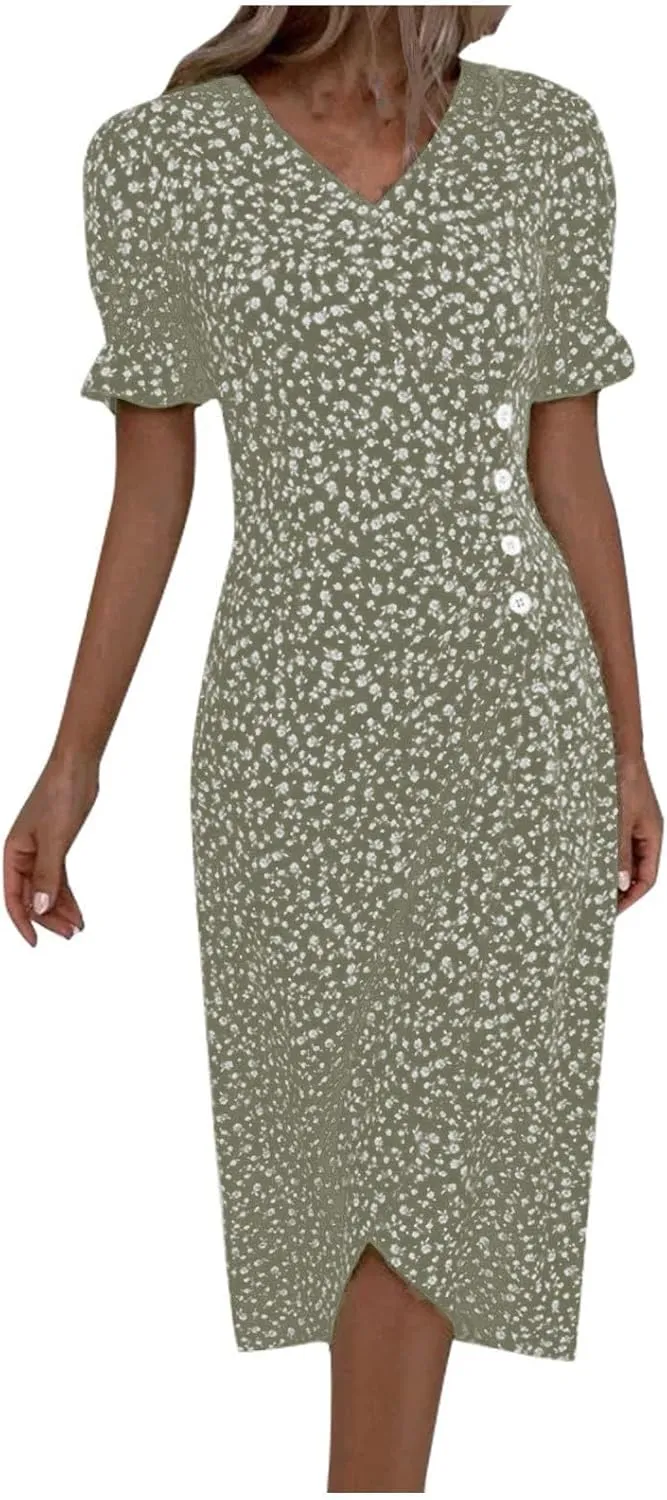 Beach Dresses for Women 2025 Vacation Spring Summer Boho Dress Short Sleeve V Neck Dresses Irregular Hem Midi Dress