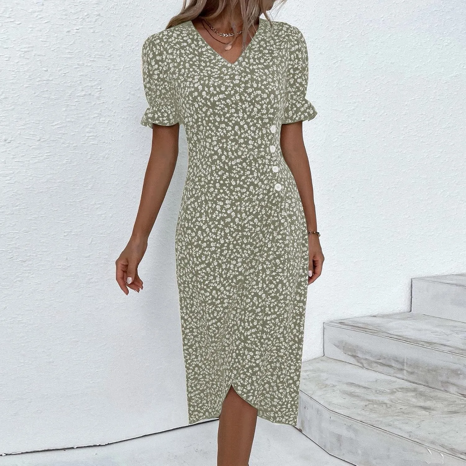 Beach Dresses for Women 2025 Vacation Spring Summer Boho Dress Short Sleeve V Neck Dresses Irregular Hem Midi Dress