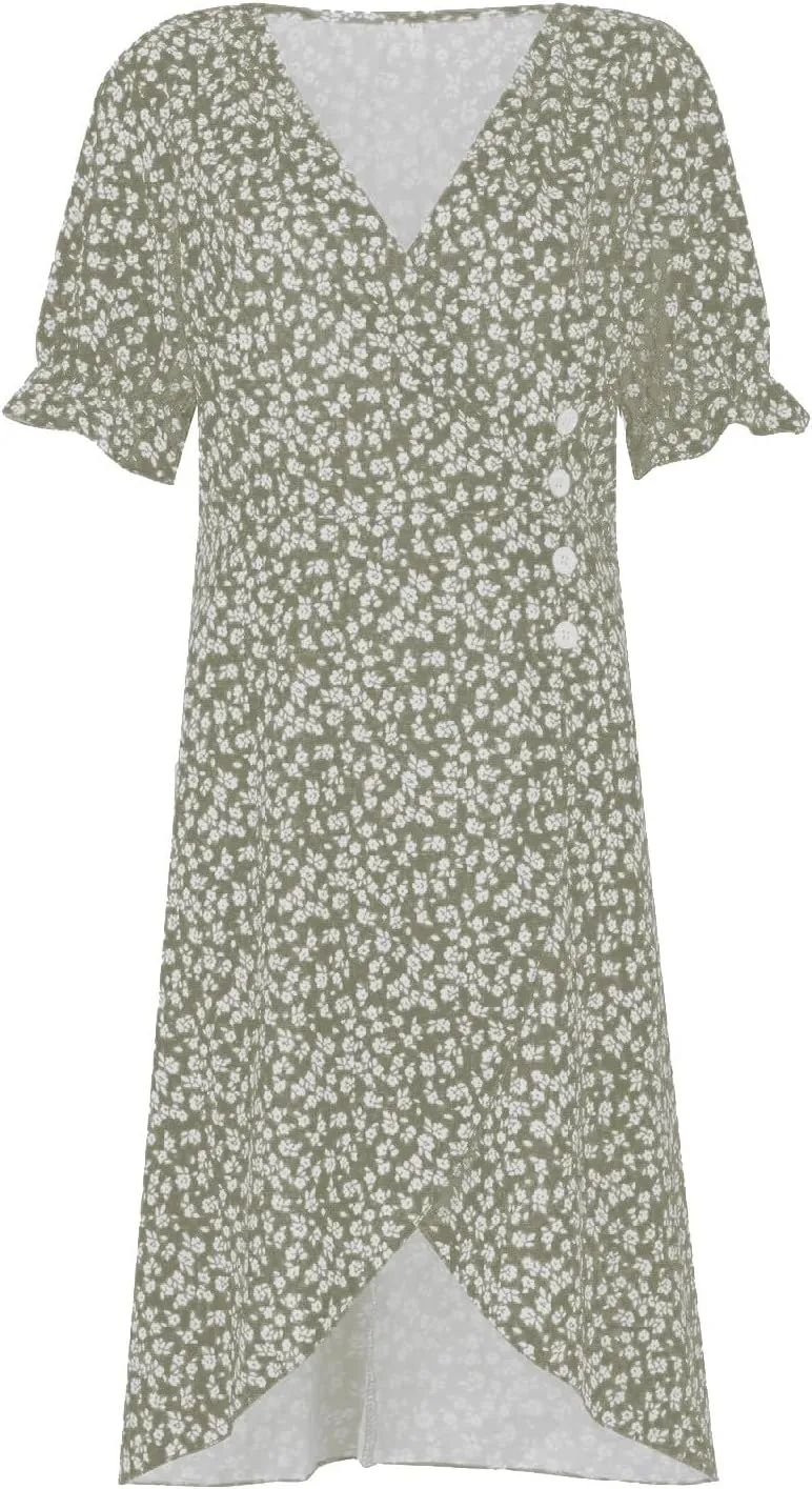 Beach Dresses for Women 2025 Vacation Spring Summer Boho Dress Short Sleeve V Neck Dresses Irregular Hem Midi Dress
