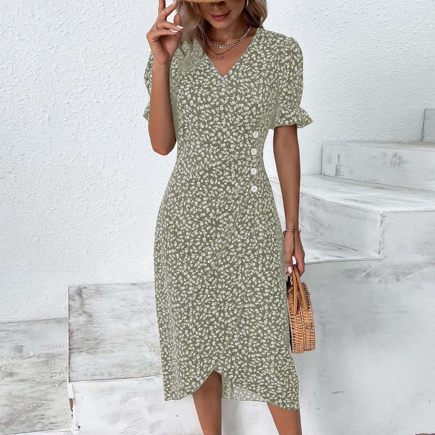 Beach Dresses for Women 2025 Vacation Spring Summer Boho Dress Short Sleeve V Neck Dresses Irregular Hem Midi Dress